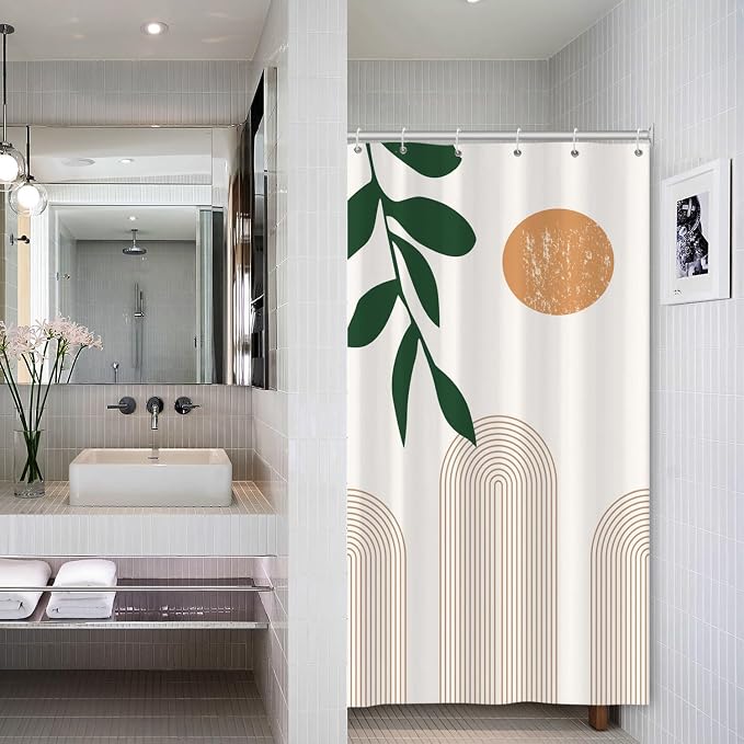 Boho Mid Century Shower Curtain Abstact Arch Sun Leaves Modern Minimalist Geometric Plant Aesthetic Shower Curtains Polyester Fabric Bathroom Decoration Curtain with Hooks 36x72 inch