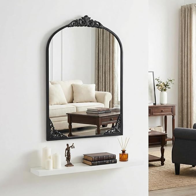 Vintage Arched Mirror 26x38 Inch Black Bathroom Mirror Antique Ornate Baroque Mirror for Living Room Entryway Bathroom Fireplace