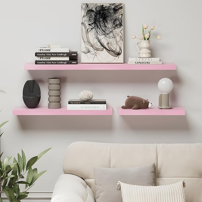 SAUMONIERES Floating Wall Shelves for Bedroom Bathroom Wall Mounted Solid Wood Shelf 24 Inch Set of 3, Pink Floating Shelves