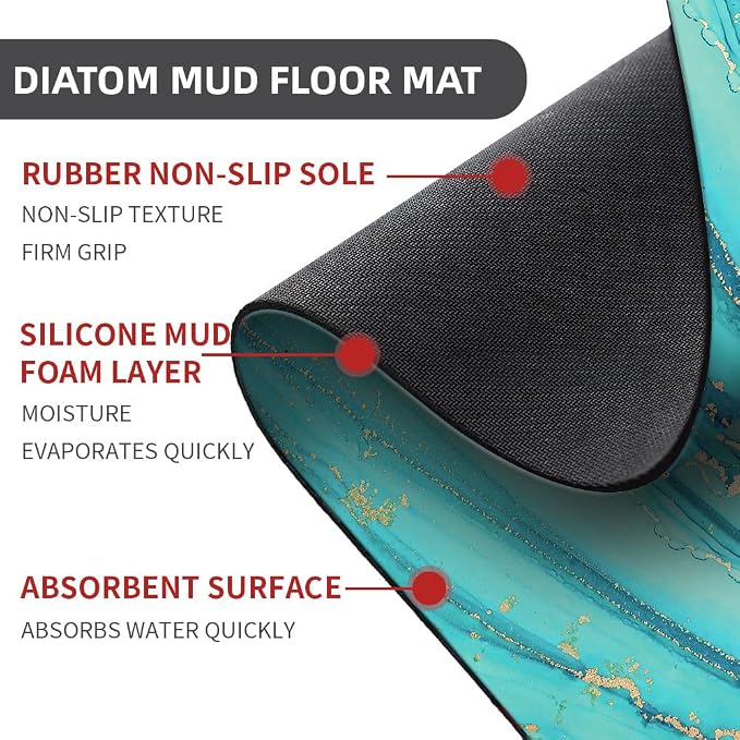 Diatomaceous Earth Bath Mat,Turquoise Marble Non-Slip Volume Super Absorbent Fast Drying for Bathroom Kitchen Door mat,Eco-Friendly Easy to Clean 20×31Inch (50 * 80cm)