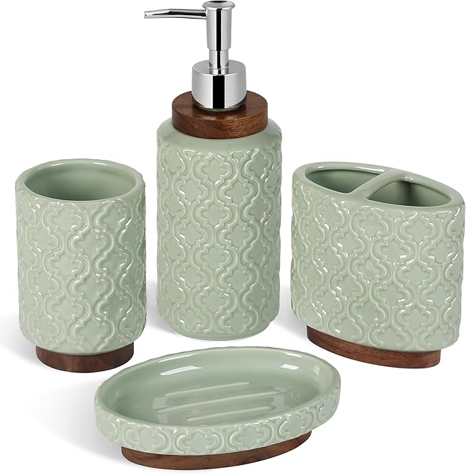 RQYIXI 4 Piece Bathroom Accessories Set, Green Ceramic Bath Accessory Set with Wood Accents, Soap Dispenser, Toothbrush Holder, Tumbler and Soap Dish, Elegant Bathroom Countertop Decor