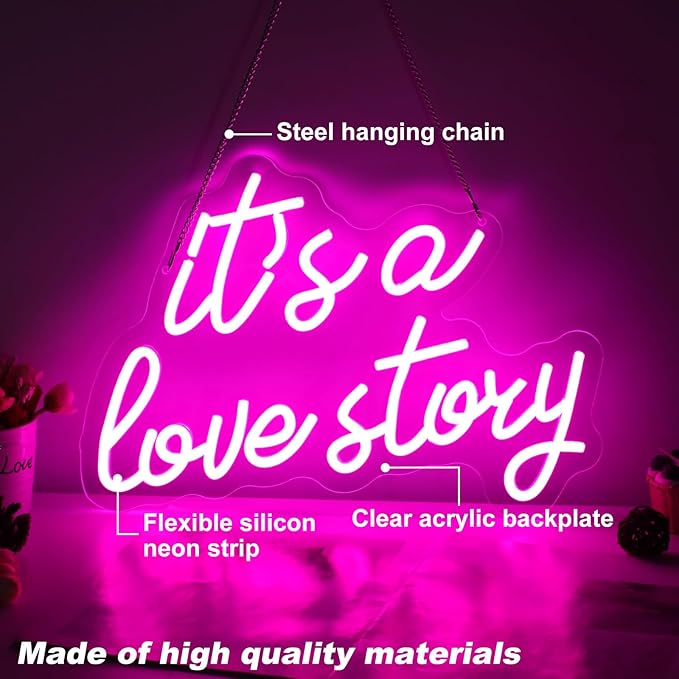 It's a Love Story Neon Signs for Wall Decor, Light Up Sign for Wedding, Engagement Decor,Dimmable Aesthetic Party Birthday Bedroom Bar Pub Club Wall Decor Decorations, Valentine's, Anniversary
