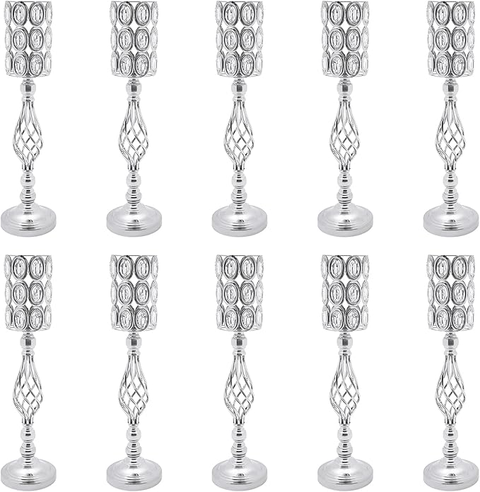Wedding Centerpieces for Tables, 10 Pcs Vases for Centerpieces with Crystal Beads, 24in Tall Wedding Vase for Tables, Metal Flower Vase Stand with Crystal Beads(Silver)