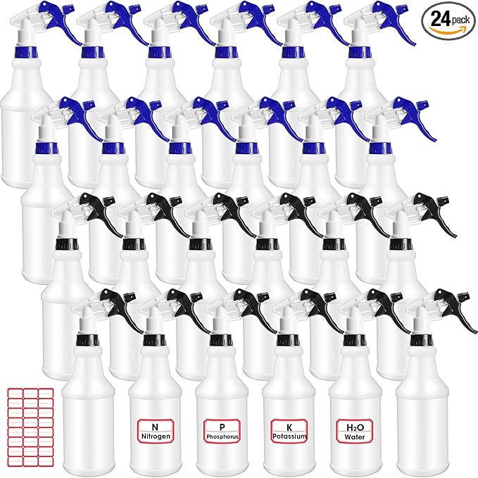 Rtteri 24 Pcs 16 Oz Plastic Spray Bottle for Cleaning Solutions Bulk Empty and Reusable Leak Proof Spraying Bottles for Cleaning, Water, Auto Details, Commercial, Bathroom(Blue, Black, White)