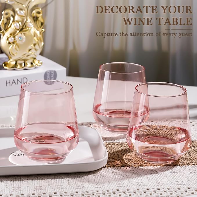 Pink Stemless Wine Glass Set of 6-17oz Wine Glasses, Stemless Drinking Glasses for Wine, Cocktails & Beverages - Elegant Glassware for Home, Bar & Holiday Use