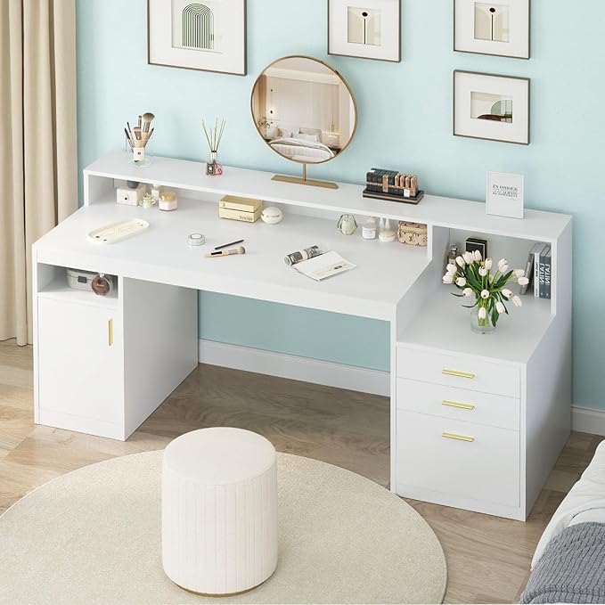 Computer Desk with 3 Drawer & Storage Shelves, Home Office Desk with File Drawer & Cabinet, Writing Study Table with Long Monitor Stand & Printer Shelf, Executive Desk, White