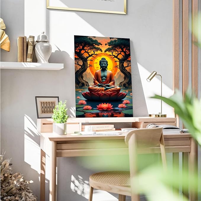 Canvas wall art Golden Buddha on lotus at sunset Ancient trees with reflections on water Serene meditation scene Uplifting wall art for mindfulness and tranquil home decor 20x30in Wood Framed