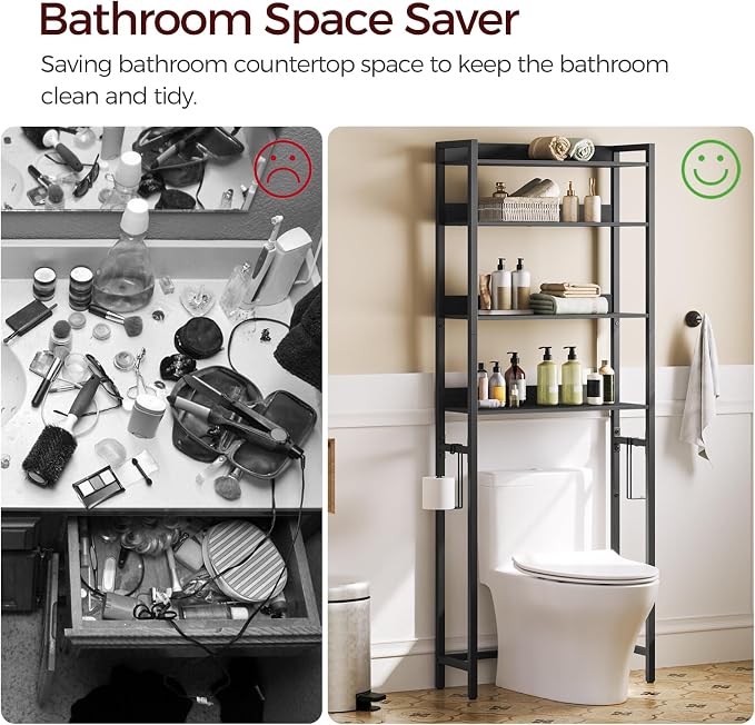 MAHANCRIS Over The Toilet Storage Rack, 4 Tier Bathroom Organizer Over Toilet, Freestanding Space Saver Toilet Stand with 2 Hooks, Bathroom Storage Shelf, Easy to Assemble, Black TSHB0401