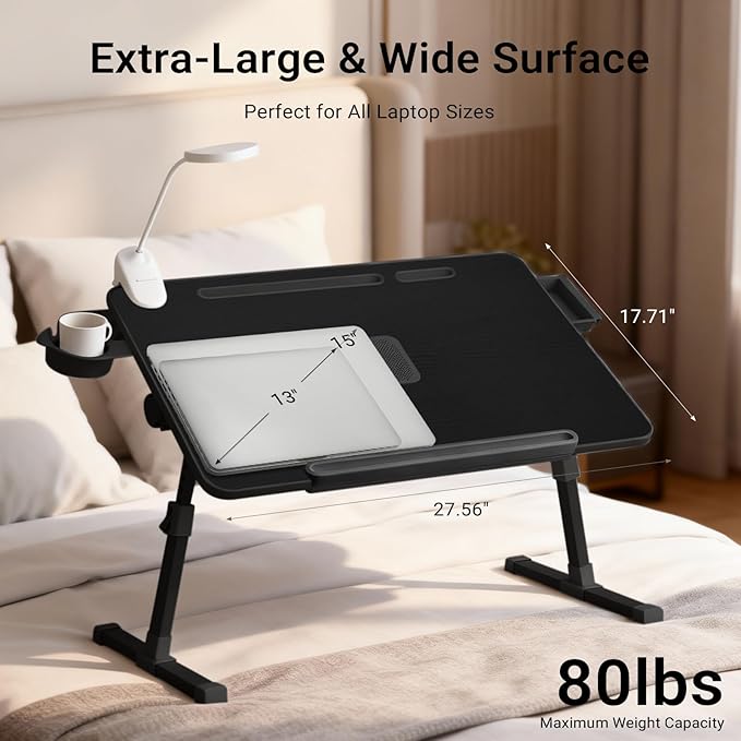 iXTRA Laptop Lap Desk with Cooling Fan - Adjustable Bed Desk with Light, Bed Table with Cup Holder&Phone Holder - Storage Drawer Desk - Folding Bed Desk,Black,70x45cm
