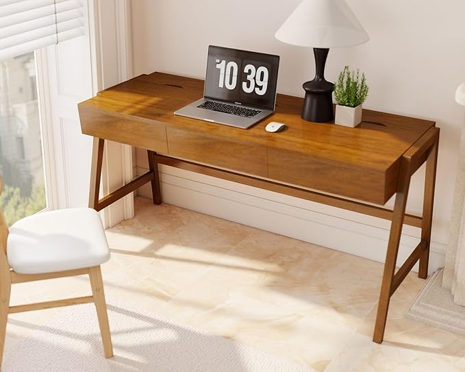 HNY 59 Inches Walnut Wooden Writing Desk with 3 Drawers, Computer Study Table with MDF Top, Solid Rubberwood Legs and Hidden Cable Management Holes, Corner Makeup Vanity Desk for Home Office, Bedroom