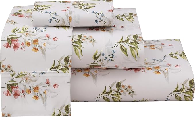 RUVANTI 100% Cotton Split King Sheets Sets for Adjustable Bed, 5 PCs, Soft & Breathable Percale Weave Bedding, Deep Pocket 16", Hotel Standard, Crisp Cool Feel & Durable, Floral Sheet, Floral Bliss