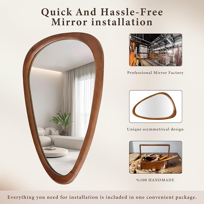 30''x20'‘Asymmetrical Mirror with Wood Frame, Small Irregular Wall Mirror Odd Shaped Mid Century Modern Mirror Decor for Bedroom Living Room Entryway Hall