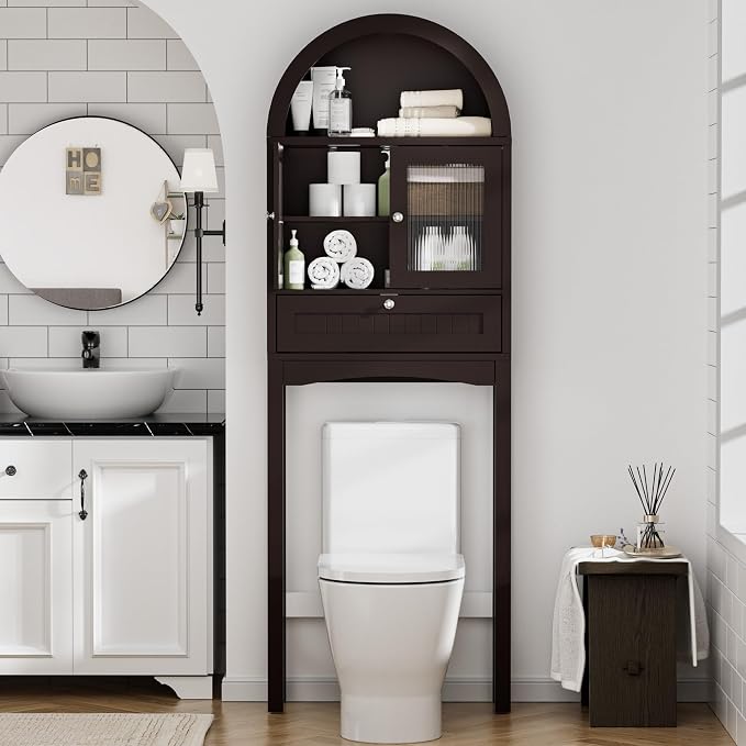Spurgehom Over The Toilet Storage Cabinet, Bathroom Shelf Organizer Freestanding, Bathroom Arch Cabinet Over Toilet with Glass Door and Anti-Tipping Device, Coffee