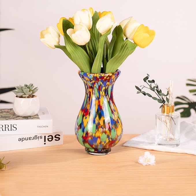 KAMMAK Colored Glass Vase, Beautiful Hand Blown Decorative Vase, Modern Art Vase for Flower Mantle Dining Table Centerpiece, Entryway Living Room Wedding Decoration, FH017