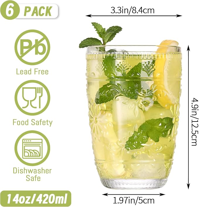 abrwyy Glasses Drinking Set, Drinking Glasses Set of 6, Water Glasses, Kitchen Glasses, Vintage Glassware, 14oz Glass Cups, Clear Drinking Glasses for Dinner Home Party Wedding