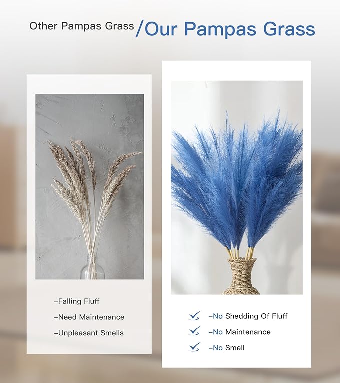 9 Pcs 45" Tall Pampas Grass Blue Decor, Long Stem Artificial Flower Floor Vase Large Faux Floral Pompas Fake Plants Dried Bouquet Arrangement Vase Filler for Boho Home Wedding Decoration