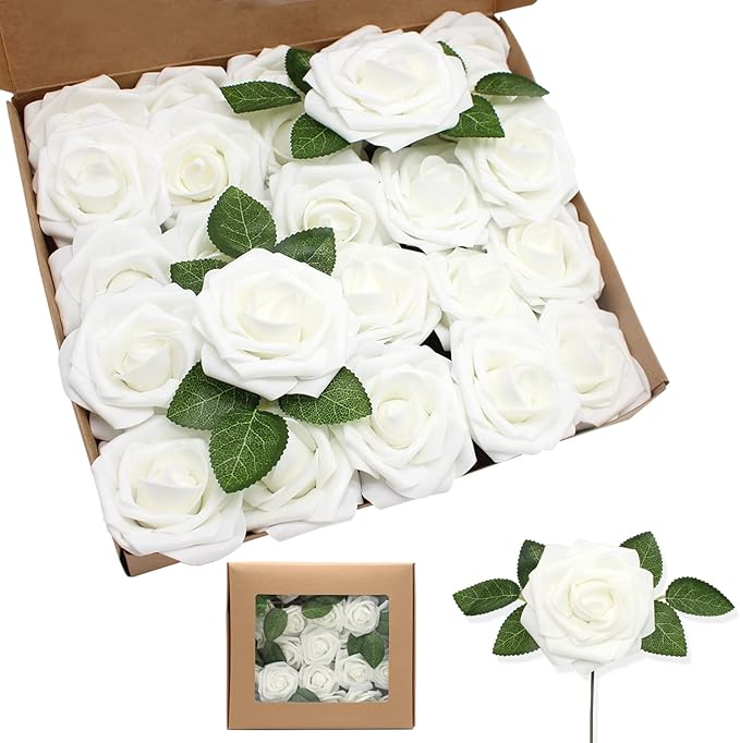 White Artificial Roses Flowers 100pcs Real Looking Foam Fake Roses with Stems for DIY Wedding Bouquets Bridal Shower Centerpieces Party Decorations (White)