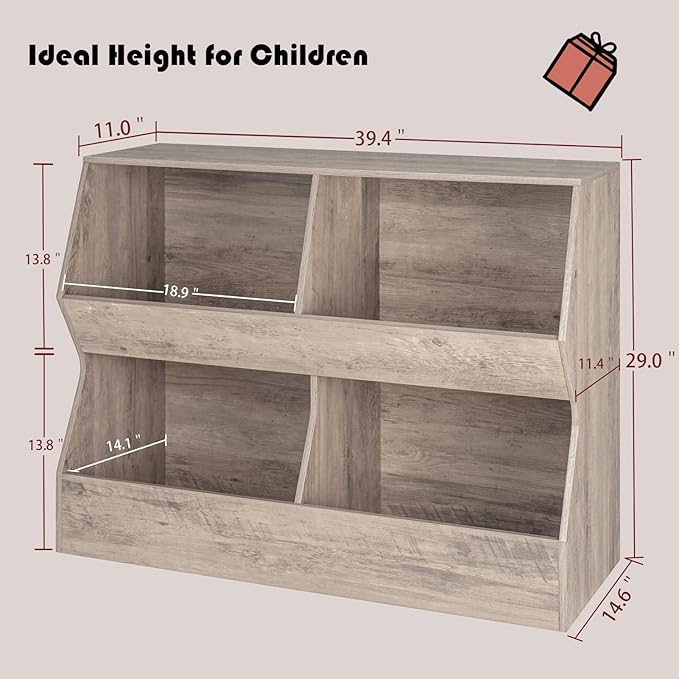 DINZI LVJ Kids Bookshelf, Toy Storage Organizer, Wooden Toy Storage Cabinet, 4 Cubby Children Bookcase, 39.4" L Toddler Book Shelf for Bedroom, Nursery, Hallway, School, Greige