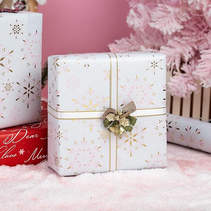 MAYPLUSS Christmas Wrapping Paper Roll - 17IN X 33FT - Christmas Gift Wrapping Paper Featuring Pink and Gold Snowflake Against White Reversible Red for Kids, Holiday, New Year