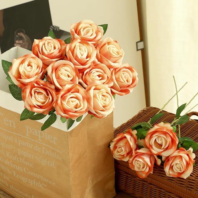 15Pcs Pearl Sunset Red Roses Artificial Flowers Fake Roses Long Stem Velet Rose Silk Flowers for Home Wedding Decoration (Pearl Roses,Sunset Red)