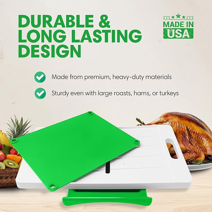XL Meal Prep System Cutting Board - Large Cutting Board with Juice Groove, Spikes, Drip Tray & Removable Surface - Carving Board - BBQ Essential & Kitchen Gifts - BPA Free Cutting Board - Green