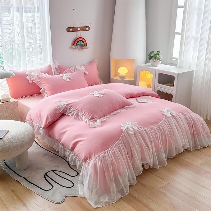 Girls Lace Bedding,Twin Comforter Cover Set, Chic Ruffled Duvet Cover with Lovely Bow,Princess Style 1 Duvet Cover with 1 Pillowcases, No Comforter-Bright Pink,Twin Size
