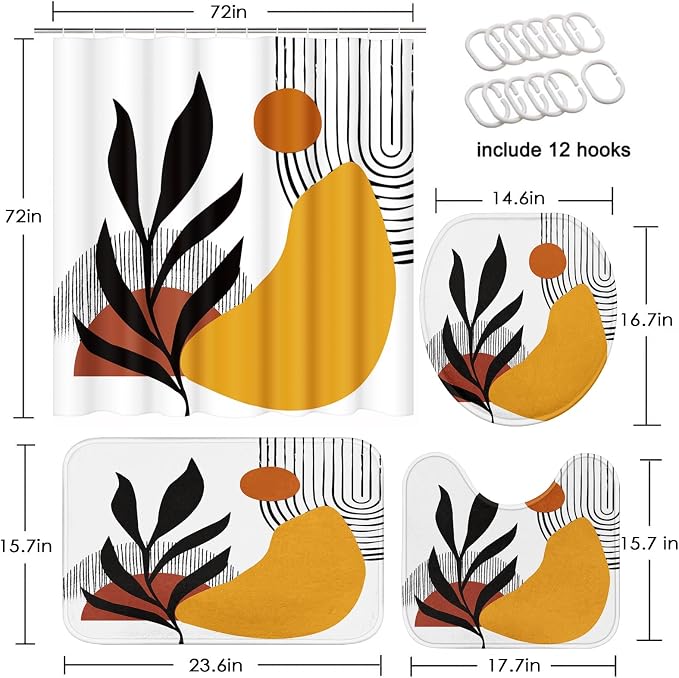 Boho Mid Century Shower Curtain Set with Toilet Lid Cover and Non-Slip Rugs, Botanical Wall Art 4 Pcs Shower Curtain, Minimalist Geometric Bathroom Set Decor with 12 Hooks