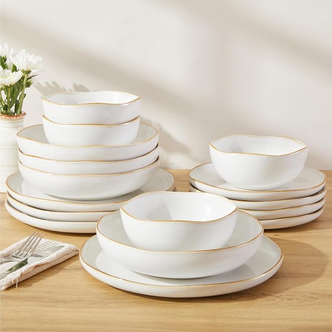 Pokini Plates and Bowls Sets, 16 Pieces Dinnerware Set for 4 with Pasta Bowls, Handmade Dishes Set, Chip Resistant Dishware Sets, Microwave Safe Dinner Set, Designed for Interactive Meals, White