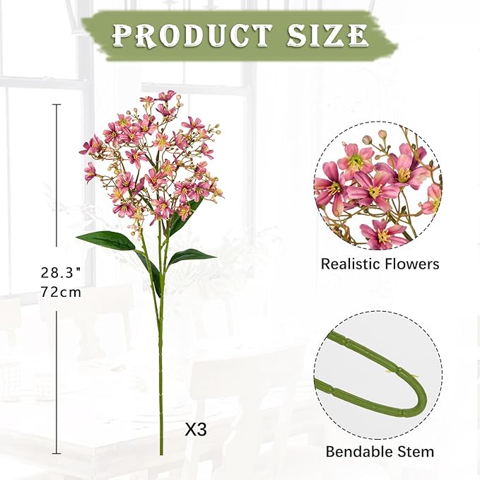 Hollyone Artificial Daphne Flowers with Long Stem 3Pcs Faux Pink Flowers 28.3” Fake Spring Silk Flowers Bouquet for Floral Arrangement Wedding Party Centerpiece Table Home Decor