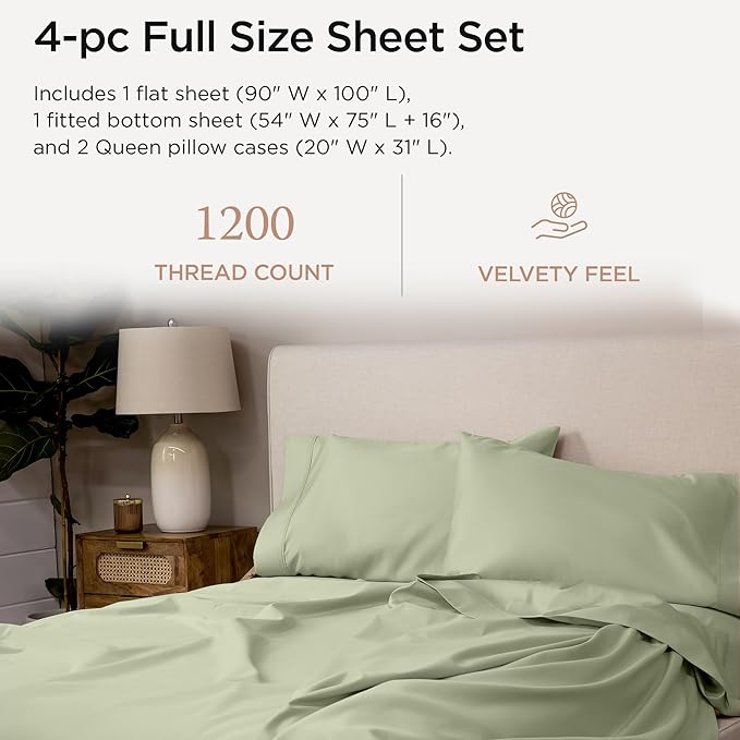 Threadmill Luxury Supima Cotton Sheets, Luxury 1200 Thread Count Soft 100% Cotton Sheets for Full Size Bed, 4 Pc Sage Green Bed Sheets Full Set, 5-Star Hotel Quality Deep Pocket Bed Sheets Set