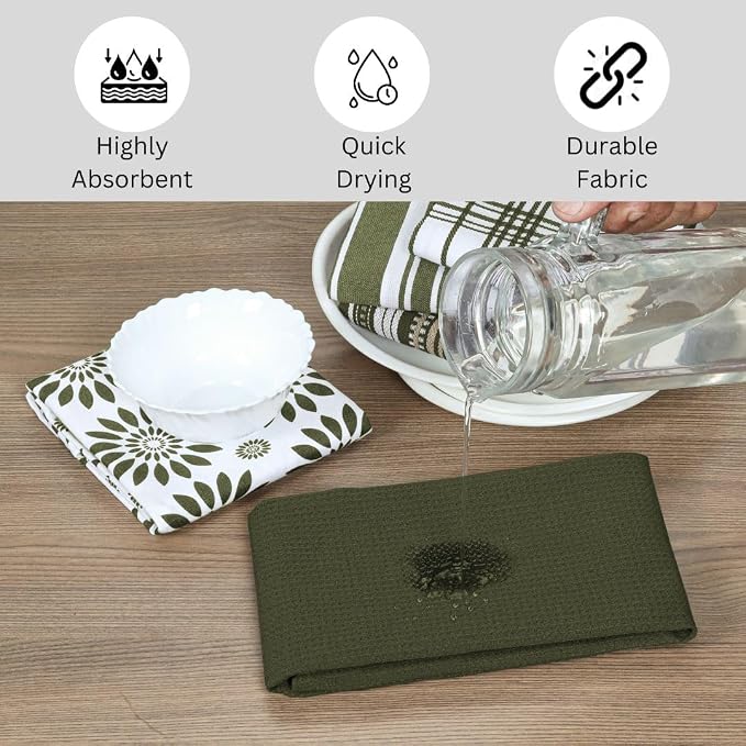 Assorted Kitchen Towels 16x26 Inch 100% Cotton Set of 5 - Dish Cloths Towels with Hanging Loop - Soft Absorbent Washable Tea Towel for Kitchen - Quick Drying Dish Towel Green