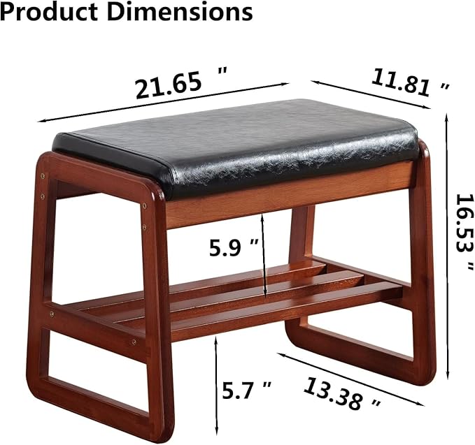 SOBIBO Solid Wood Shoe Bench, 2-Tier Wooden Entryway Bench, Modern Shoe Rack with Faux Leather Cushion for Hallway, Living Room (Black, 21.65'')