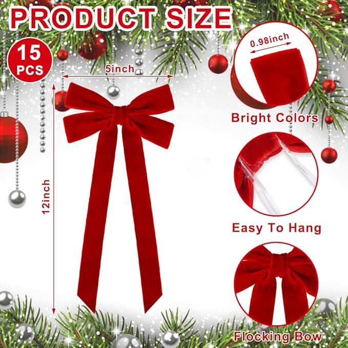 JOICEE 15Pcs Red Velvet Bows, 5in x 12in Christmas Tree Wreath Bows Rustic Crafts Gift Ribbon Bows for Christmas Indoor Outdoor Decorations Birthday Party Wedding Holiday Decor