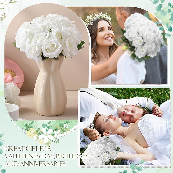 Jexine 50 Pcs Artificial Rose Flower Bulk Realistic Silk Fake Roses with Long Stem Plastic Artificial Flower Bouquet Real Looking for Home Wedding Centerpieces Party Decoration(Pure White)
