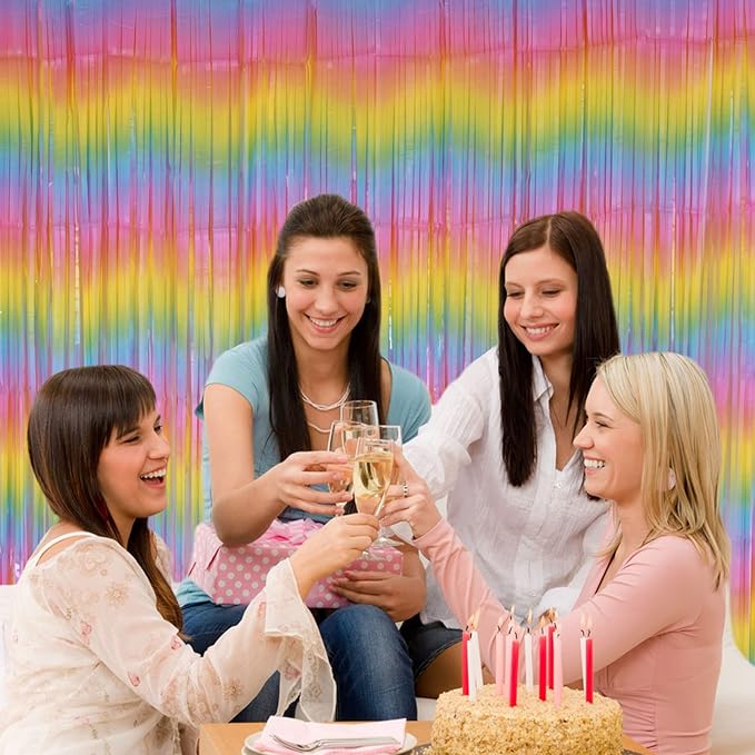 Pastel Rainbow Foil Fringe Curtains, 2Pcs 3.2x8.2ft Metallic Tinsel Foil Streamers Colourful Photo Booths Props Backdrop for Easter Princess Birthday Wedding Engagement Party Decorations