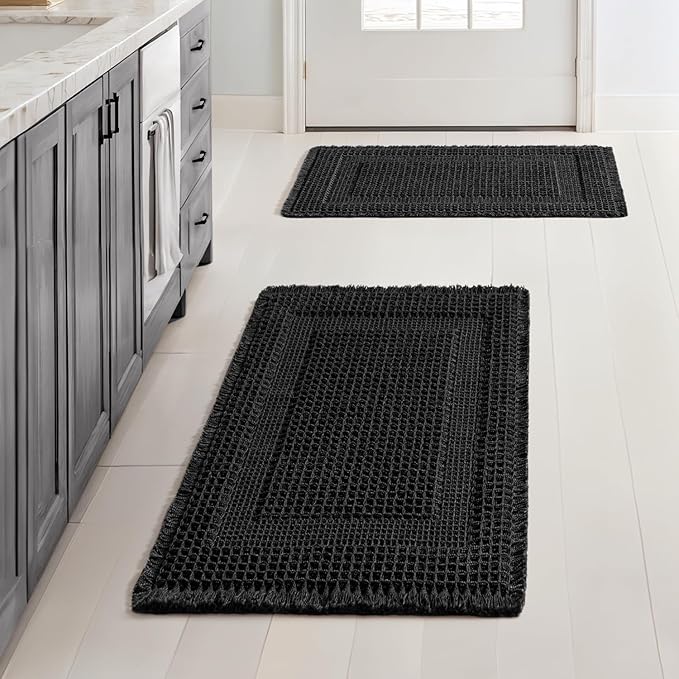 MIULEE Set of 2 Waffle Bathroom Rugs, Boho Bath Rug Super Absorbent, Non Slip Washable Ultra Soft Rubber Backed Shower Bath Mats for Floor, Tub, Shower, Looped Design, Black, 17x24 Inch