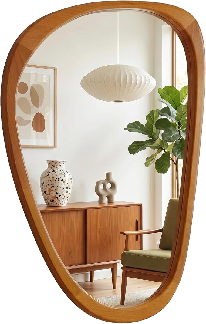 Solid Wood 36"x24" Modern Organic Asymmetrical Mirror, Warm Walnut Irregular Wooden Wall-Mounted Mirror, Sculptural Spa-Like Bathroom Vanity Mirror, Honey Walnut