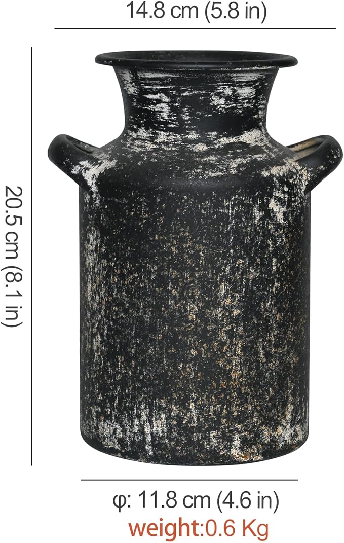 Rustic Vintage Metal Flower Vase for Decor Milk Jug Small Vases for Flowers Kitchen Decorations, Cylindrical,Perfect for Kitchen, Dining Room, Living Room,Housewarming Gift (Black)