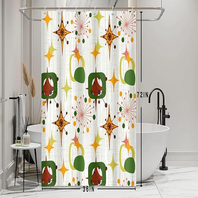 Mid Century Shower Curtain, 36x72inch, Modern Abstract Retro Green Striped Geometric Shower Curtain Sets 1950s Boho Bathroom Shower Curtain with 6 Hooks