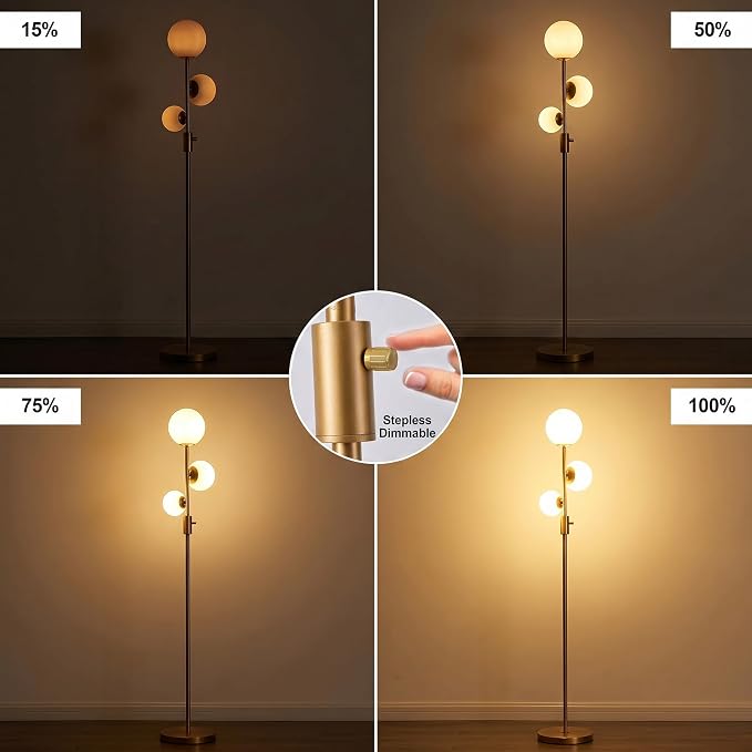Fiqevs Dimmable 3 Globe Floor Lamp - Mid Century Modern Gold Standing Lamp with Frosted Glass Shade & LED Bulbs for Living Room, Bedroom, Office