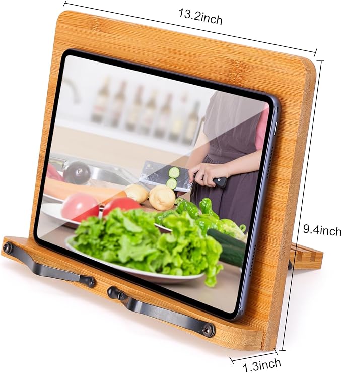 MEGREZ Bamboo Book Stand 13.2 x 9.4 inch, Foldable Cookbook Holder with 6 Adjustable Height, Reading Book Holder for Recipe, Music Book, Textbook, Tablet Stand, Butterflies