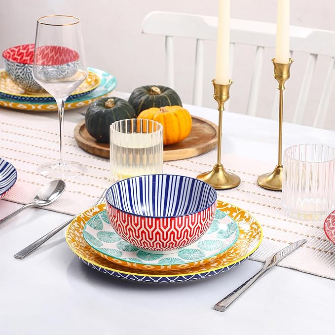 Selamica Ceramic Plates and Bowls Sets,12 Pieces Dinnerware Sets for 4,Scratch Resistant Dish Set,Dishwasher & Microwave Safe, Assorted Colors
