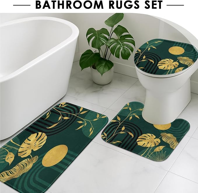 Boho Green Shower Curtain Set with Toilet Lid Cover and Non-Slip Rugs, Tropical Botanical Abstract Green Gold 4 Pcs Modern Minimalist Vintage Shower Curtain for Bathroom Set with 12 Hooks