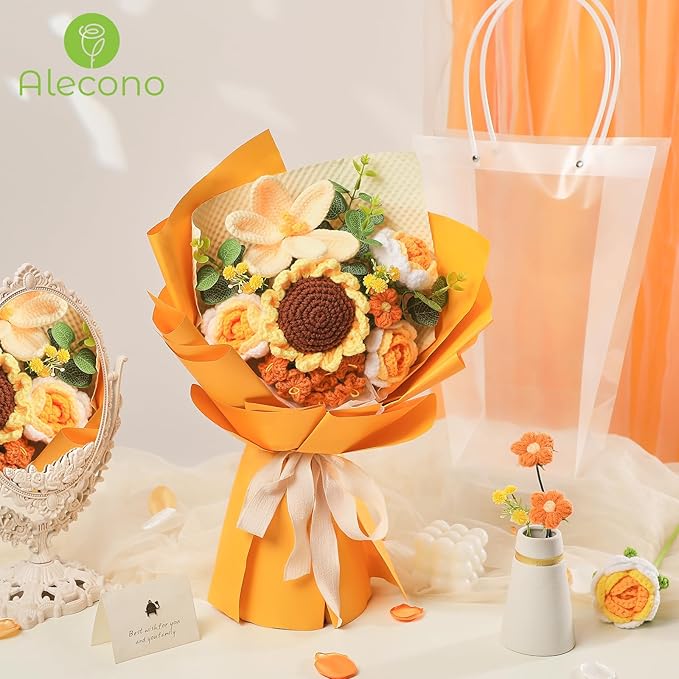 Alecono Crochet Flower Bouquet, Orange Knitted Flowers, Crochet Sunflower Flower for Lover Anniversary Birthday Party Mother's Day Graduation Gifts (Include Card)