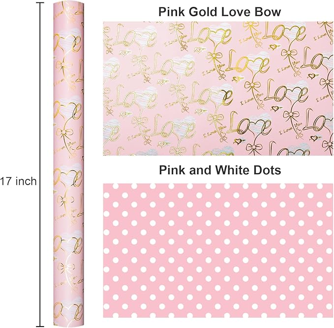 Burymento Pink Gold Love Bow Wrapping Paper, Reversible Pink Dot Design Gift Wrap for Baby Shower, Birthday, Valentines, Mothers day, Graduation, Wedding, Fathers day, Christmas (17 Inch X 32.8 Feet)