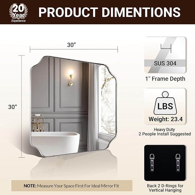ANDY STAR 30"x30" Chrome Square Mirror, Polished Nickel Scalloped Bathroom Mirror for Over Sink, Modern Decorative Mirror with Designer Rounded Notched Corners, Anti-Rust SUS304 Frame