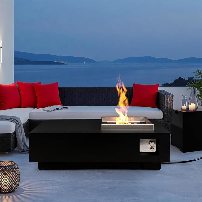 SiTimmGer 48" Modern Steel Fire Pit Table Set – Low-Profile Propane Gas Fire Table with Tank Cover, 50,000 BTU, for Contemporary Patios & Decks