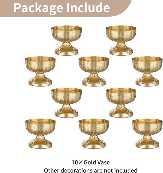 NUPTIO Gold Vases for Centerpieces Wedding: Hammered Brass Compote Vases for Small Flowers Arrangements - Metal Pedestal Bowl for Table Home Decor Set of 10