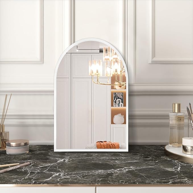 Arched Wall Mirror Aluminum Alloy Frame Bathroom Mirror Brushed Metal Vanity Wall Mounted Mirror for LivingRoom Bedroom Entryway Room Home Decor White 16"x12"