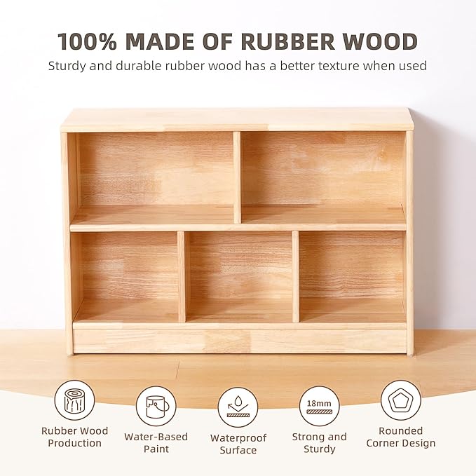 OOOK Rubber Wood 5-Compartment Montessori Shelf, 35.4" L Toddler Bookshelf, 2-Tier Wooden Storage Cabinet, Kids Classroom Organizer, Playroom, Daycare and Preschool Storage Shelves